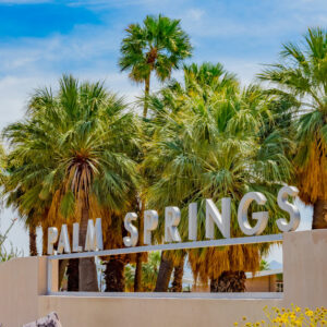 City sign spelling out Palm Springs against a blue sky and palm trees cropped