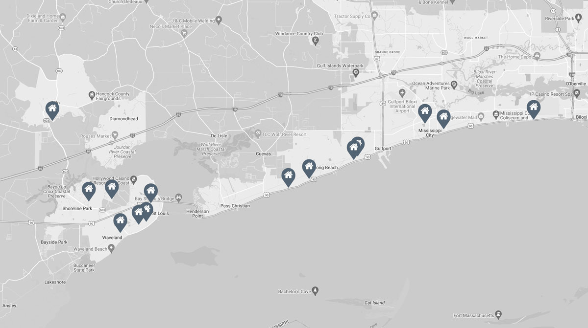 map of vacation listings along Mississippi Gulf Coast